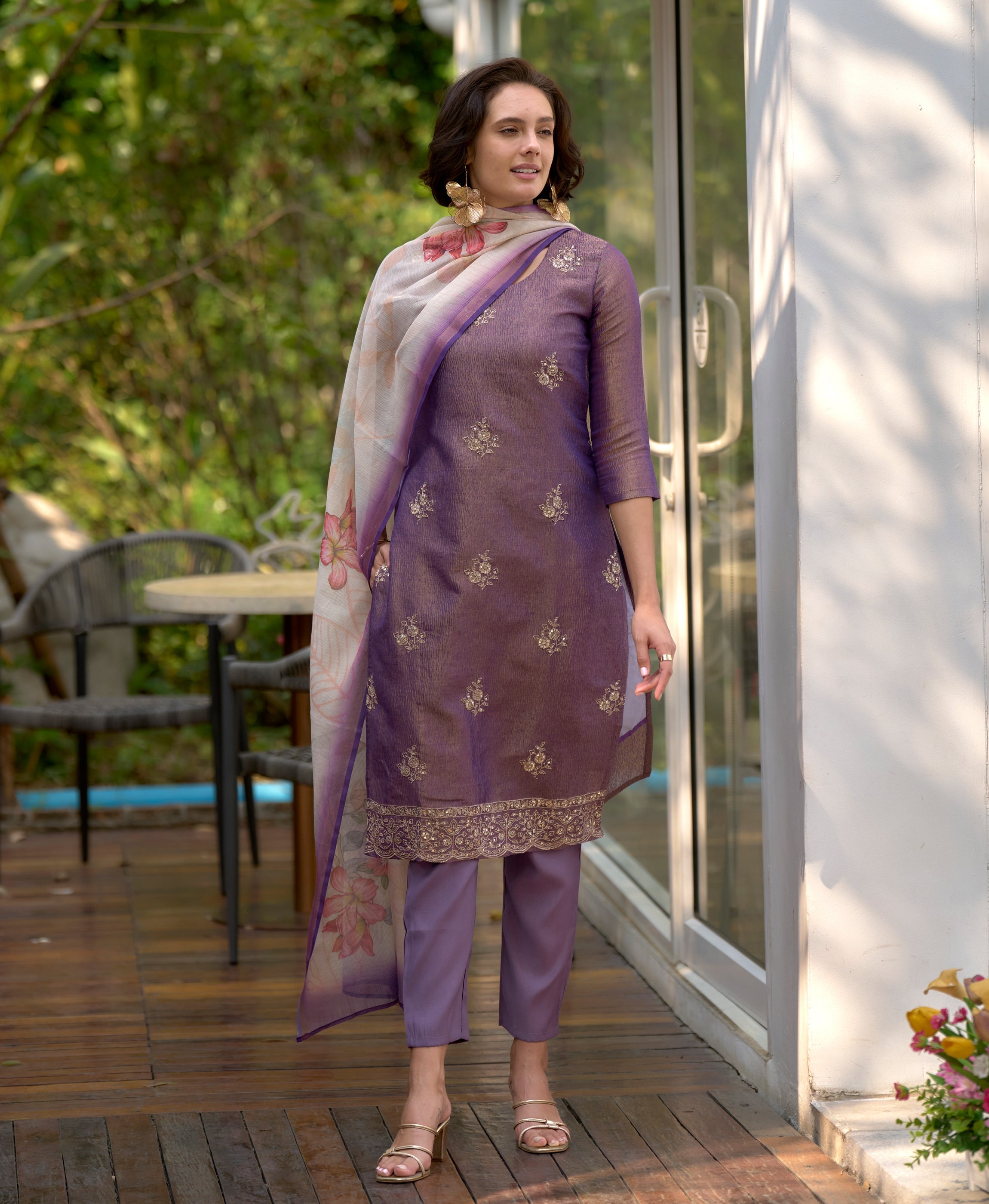 Purple Tissue Silk Embroidered Straight Kurti Set